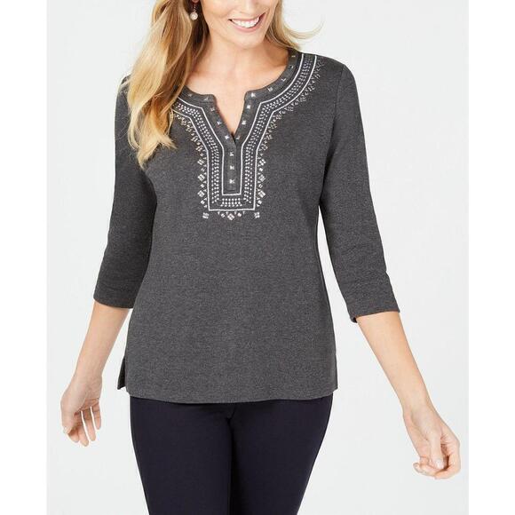 Karen Scott Petite Embroidered Henley Top PM - Picture 1 of 2